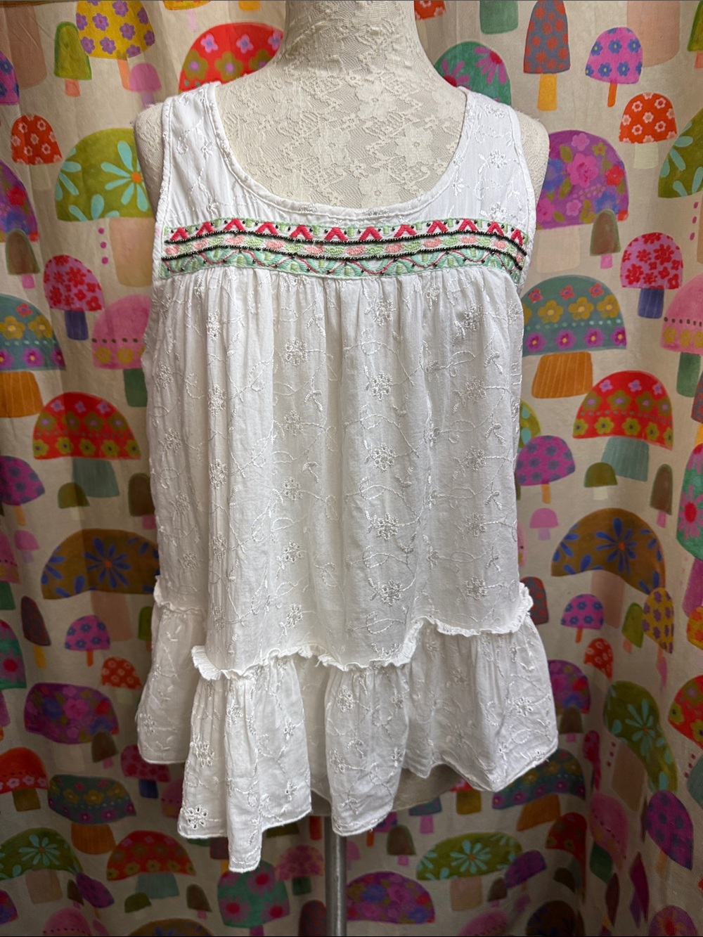 Paper Crane White Eyelet Sleeveless Blouse with Pink & Green Embroidery